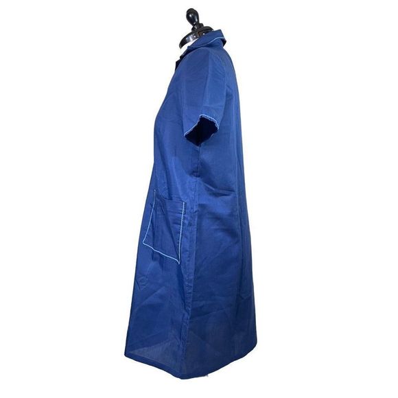 70s Vintage Blue Lightweight Short Sleeve Button Front House Dress with Pockets - Picture 3 of 4